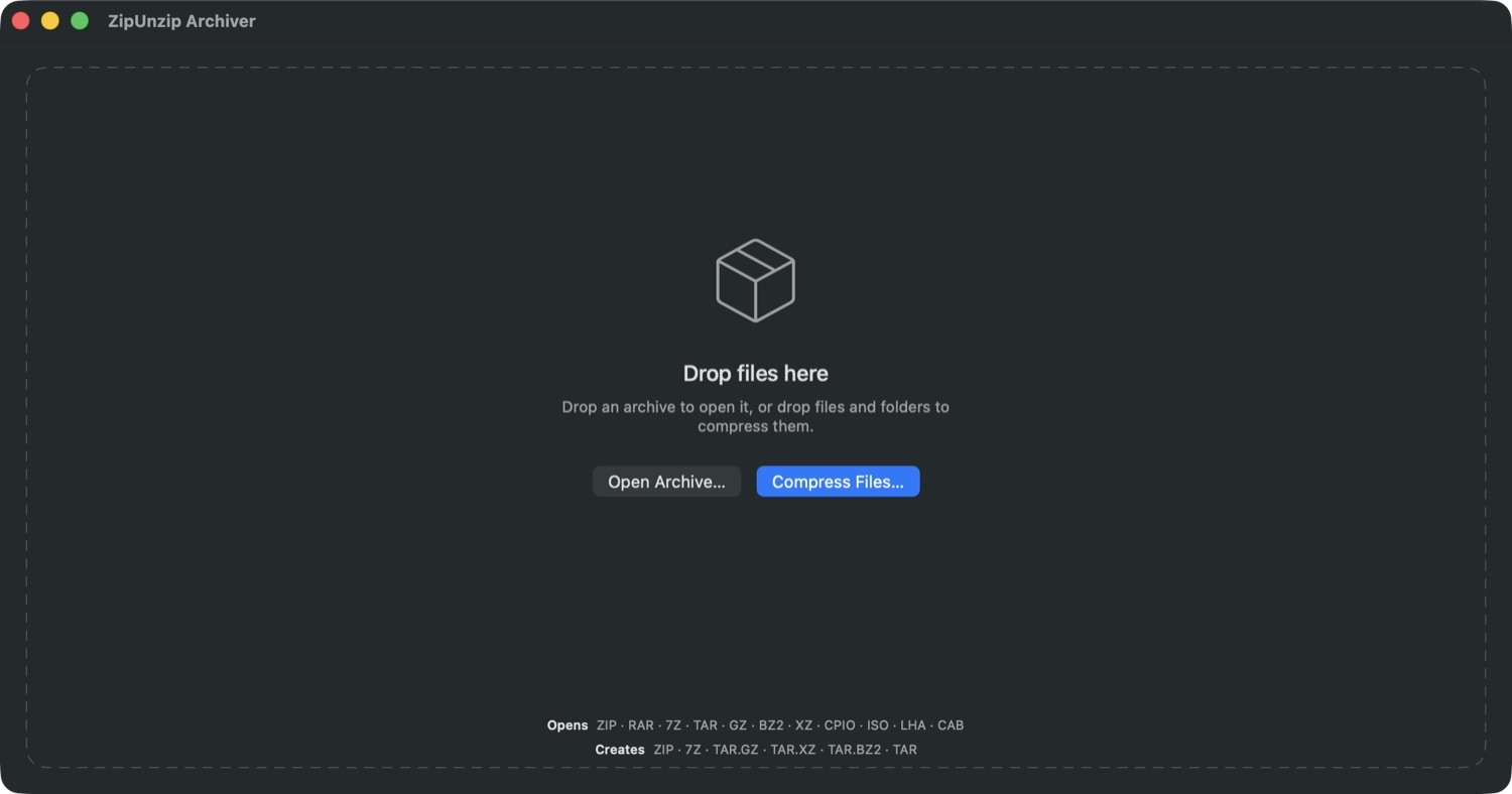 The empty window, listing the formats it opens and creates, with Open Archive and Compress Files buttons