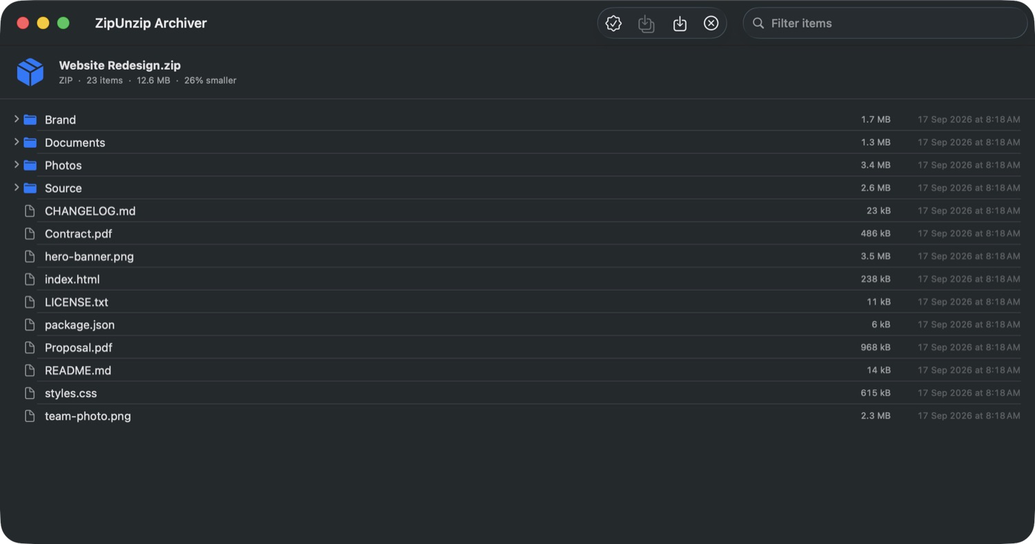 An archive open, showing folders and files in a tree with sizes and dates