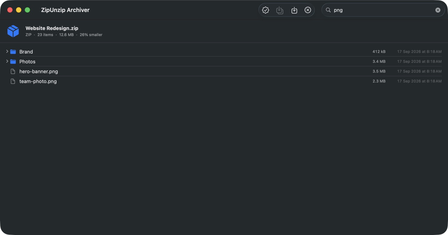 The same archive filtered by the word png, showing only matching files and their folders