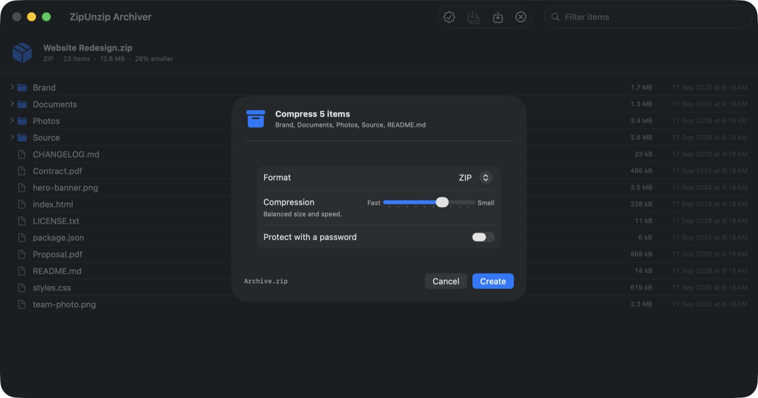 The compress sheet with a format menu, a compression level slider and a password toggle